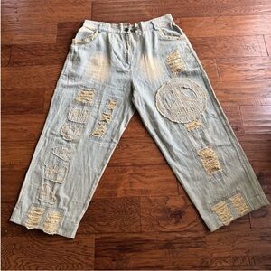 Light Blue Distressed Boyfriend Jeans with Peace Sign Detail